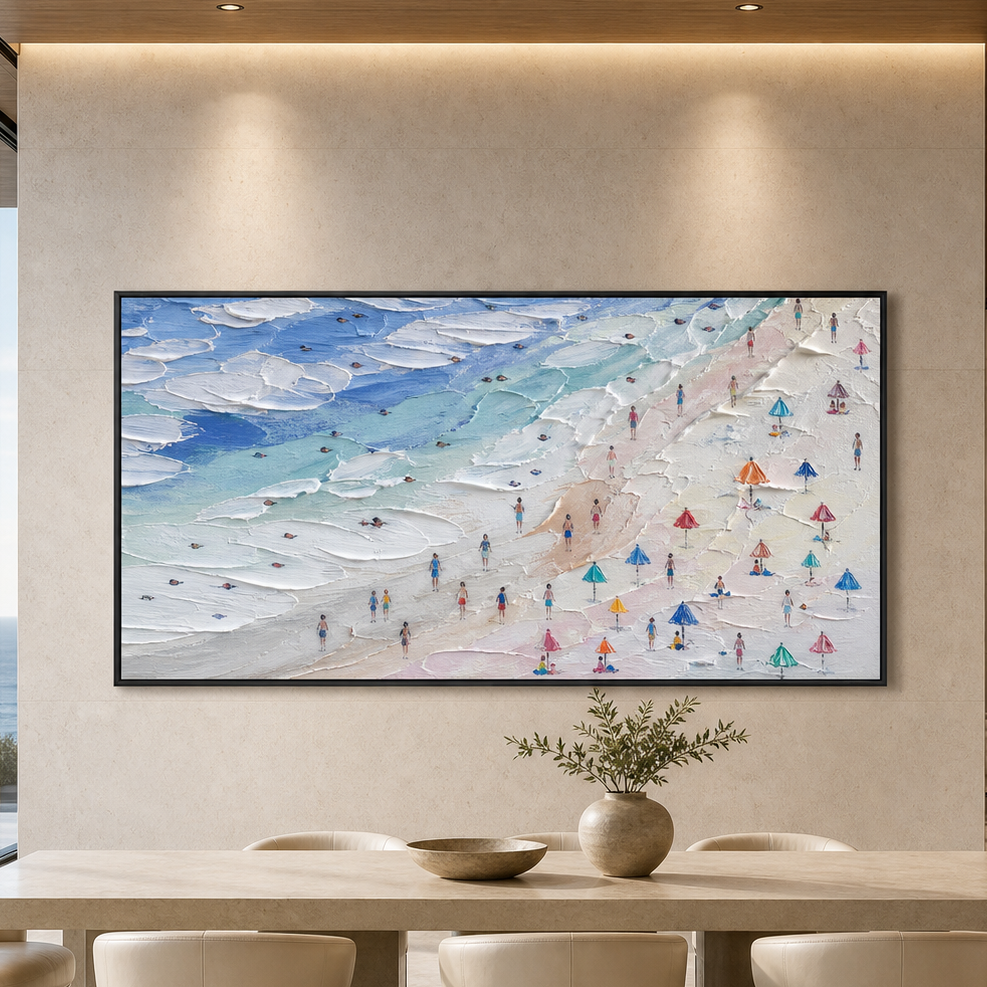 BEACH DAY VIBES: Colorful Umbrellas Figures Textured Canvas