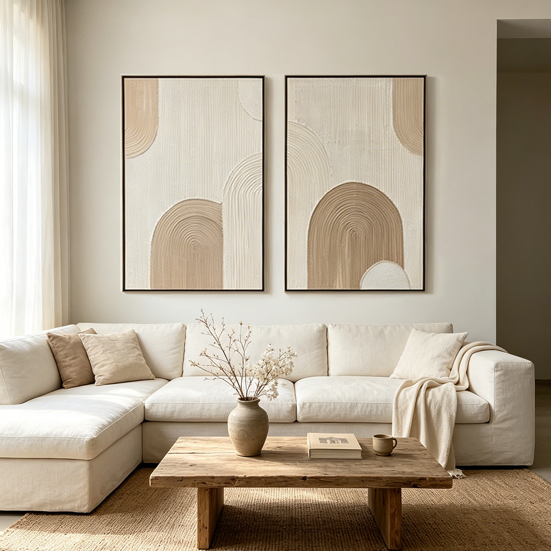 BEIGE ARCHES : Textured Raised Impasto Arches  Canvas Set of 2
