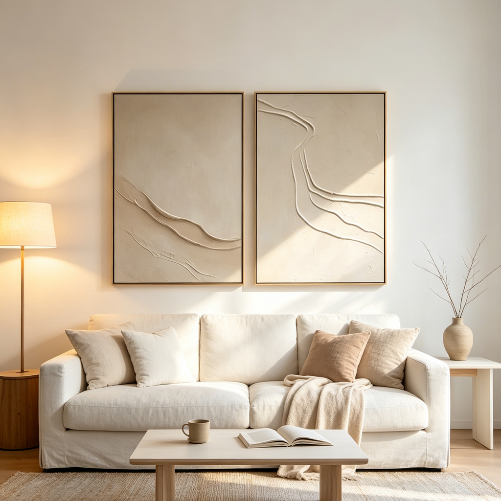 BEIGE TEXTURED : Wabi sabi Raised Textured Lines Canvas Set of 2