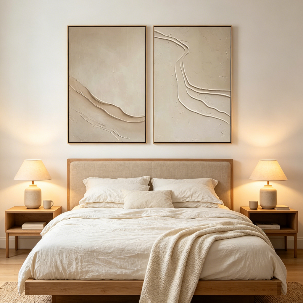BEIGE TEXTURED : Wabi sabi Raised Textured Lines Canvas Set of 2