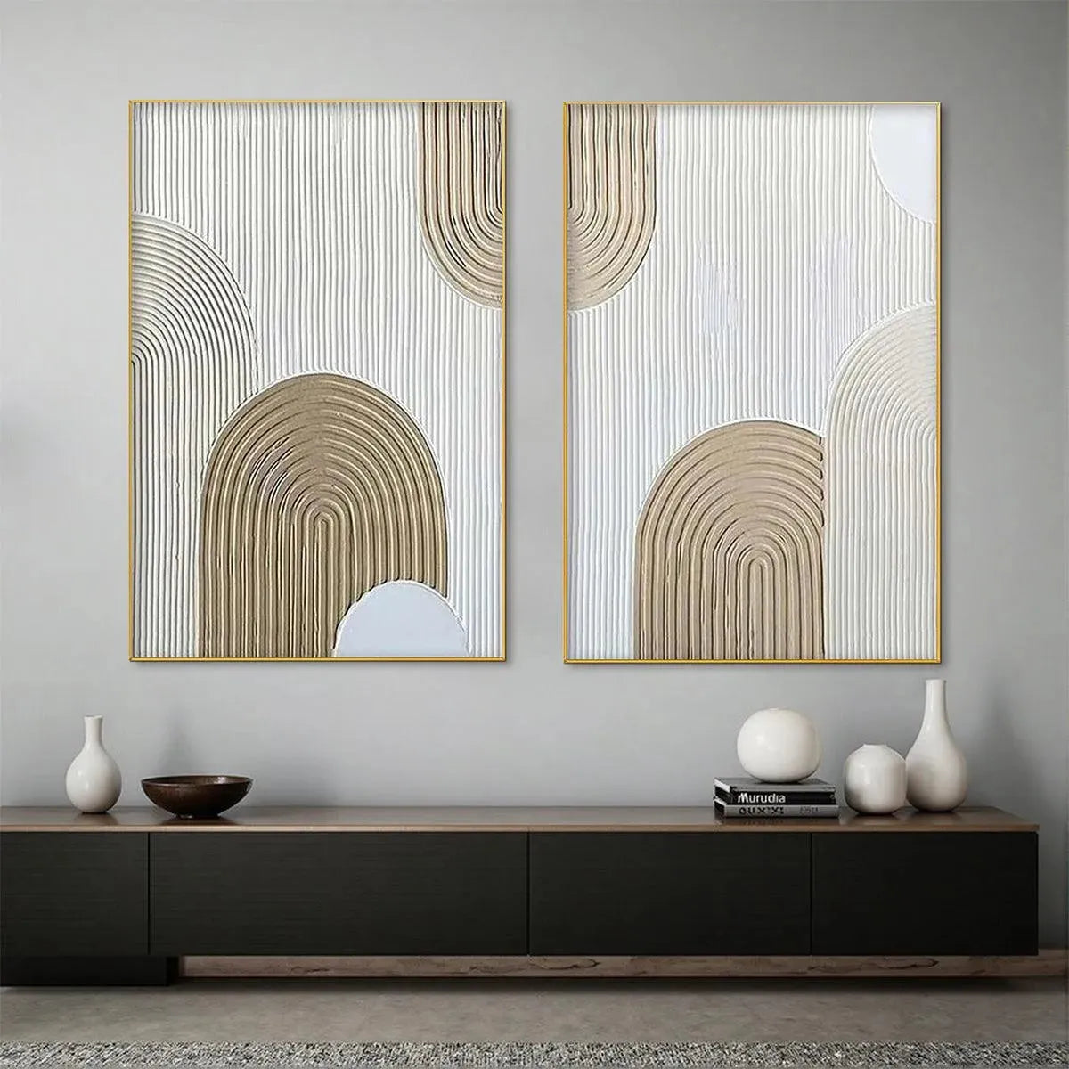 Beige Textured Arches Diptych by Isabella Rossi: Textured abstract painting set of 2 with neutral tones