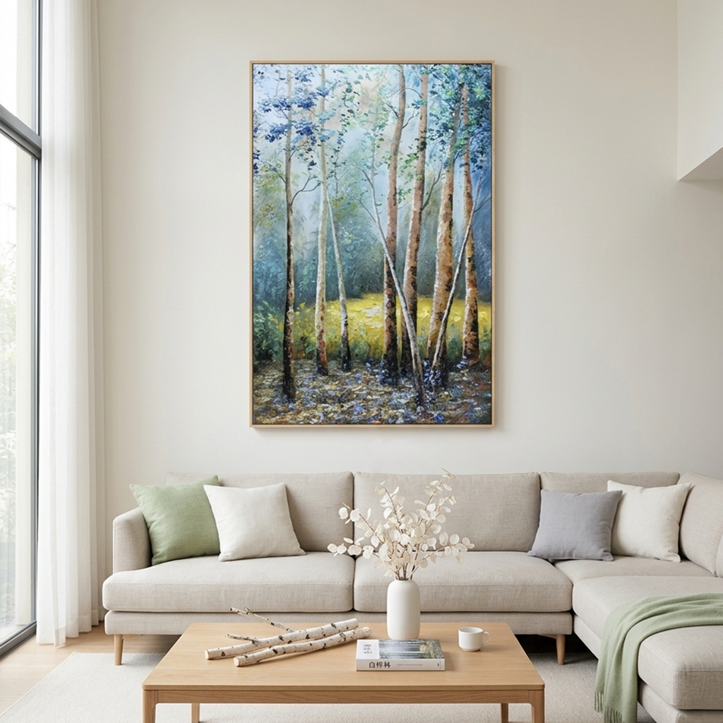BIRCHLIGHT GLADE: Forest Light Birch Trees Calm Green White Canvas