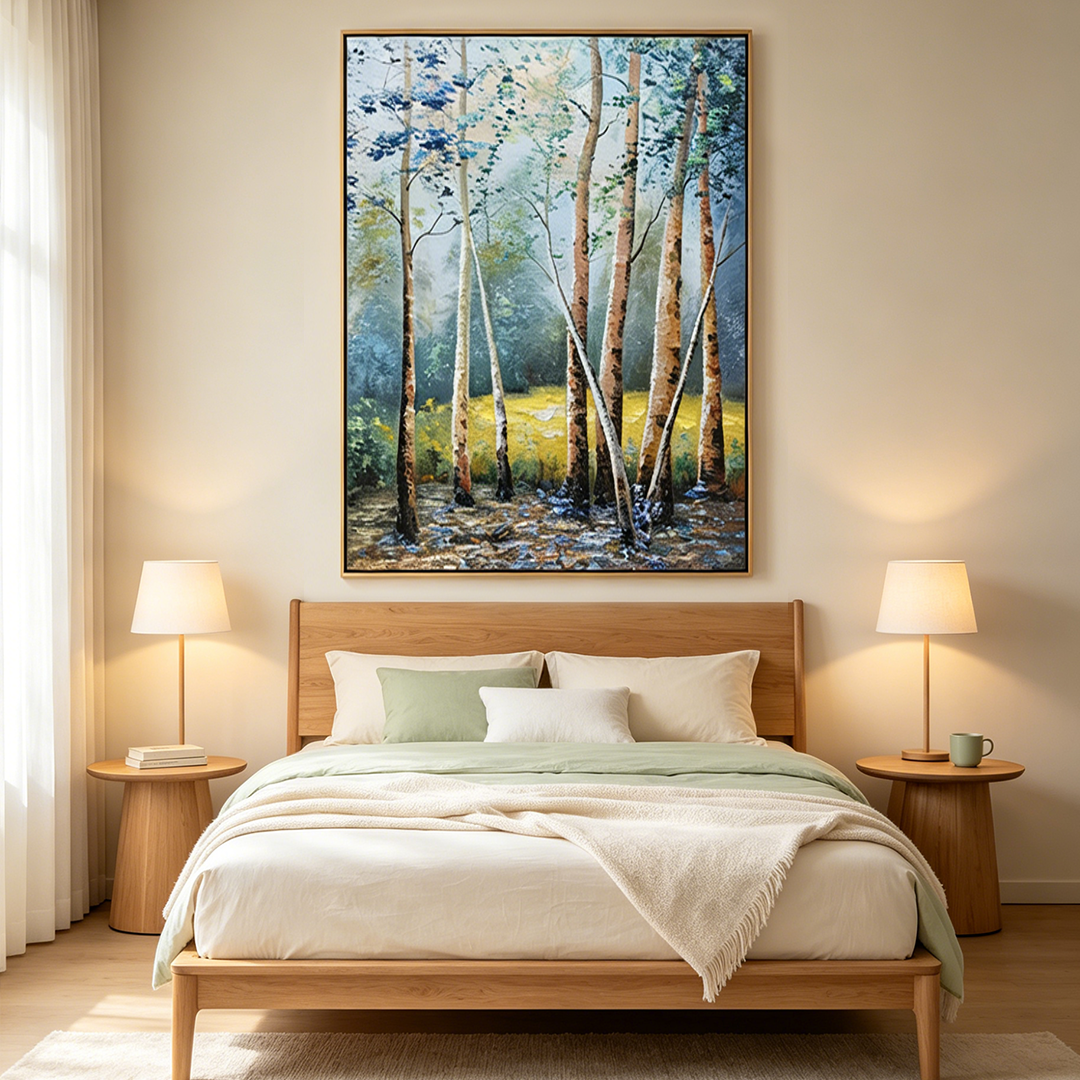BIRCHLIGHT GLADE: Forest Light Birch Trees Calm Green White Canvas