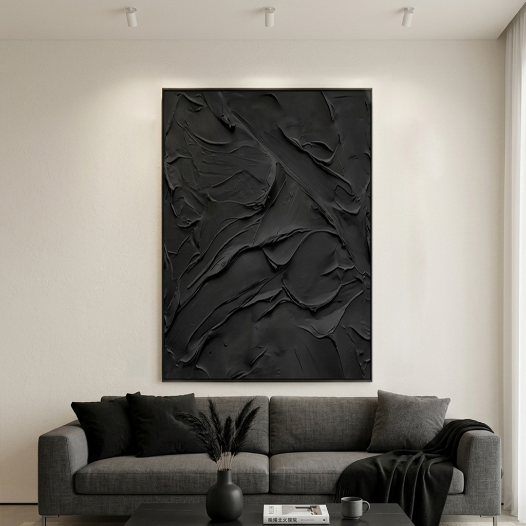 RIPPLED EBONY CASCADE: Black Minimalist Textured Wall Art
