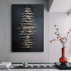 Black and gold abstract textured painting with metallic gold strokes on black background, vertical art for living room.