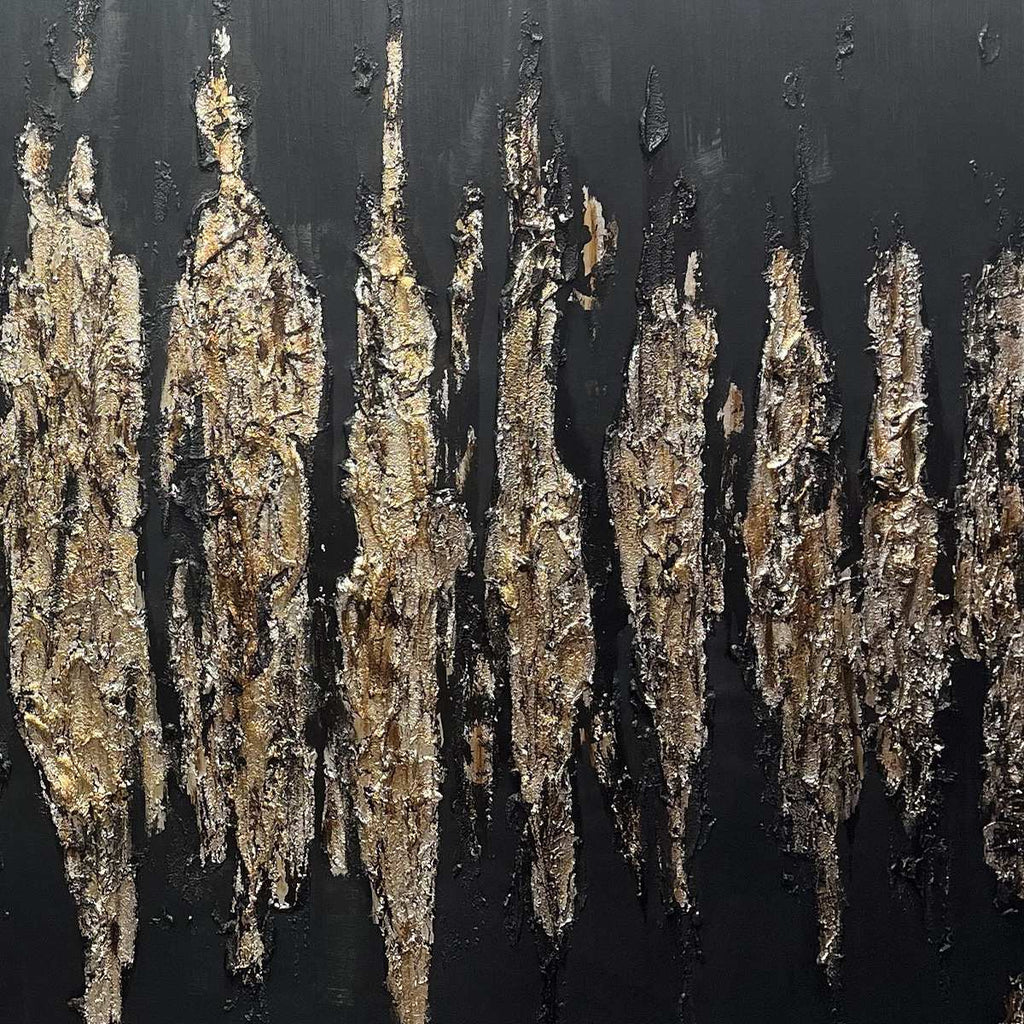 Black and gold abstract textured painting with metallic gold strokes on black background, vertical art for living room.