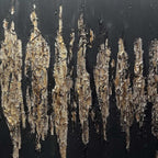Black and gold abstract textured painting with metallic gold strokes on black background, vertical art for living room.