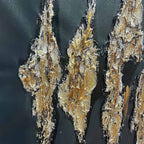 Black and gold abstract textured painting with metallic gold strokes on black background, vertical art for living room.