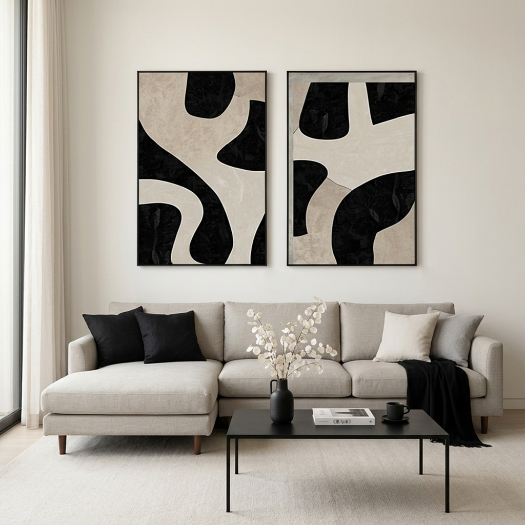 BLACK & BEIGE ABSTRACT DIPTYCH: Warm Neutral Bold Black Lines Canvas Set Of 2
