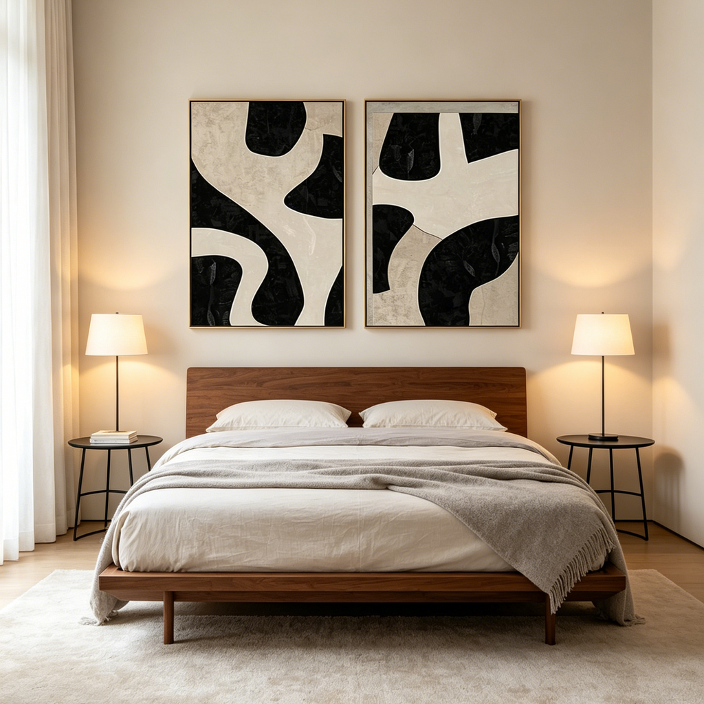 BLACK & BEIGE ABSTRACT DIPTYCH: Warm Neutral Bold Black Lines Canvas Set Of 2