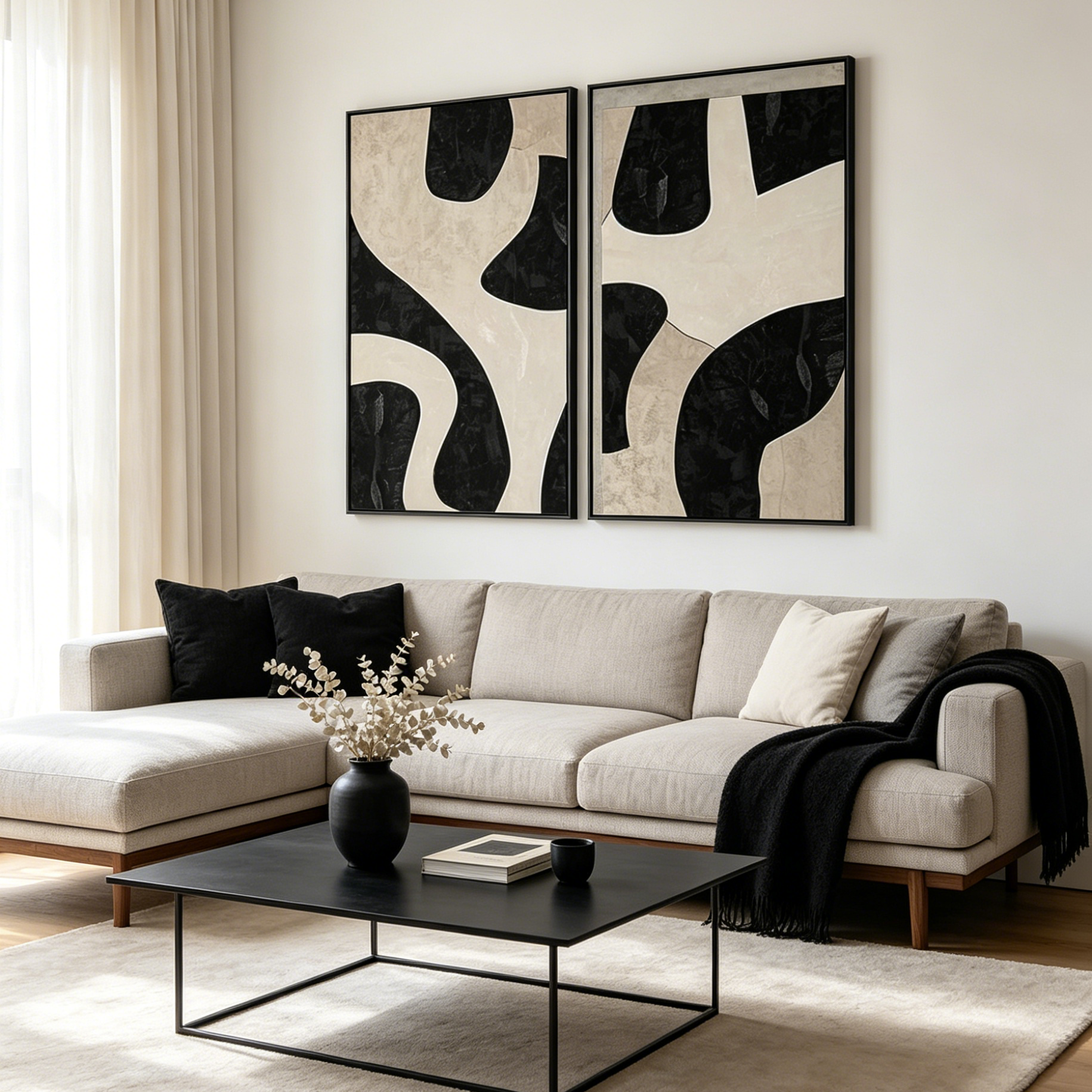 BLACK & BEIGE ABSTRACT DIPTYCH: Warm Neutral Bold Black Lines Canvas Set Of 2