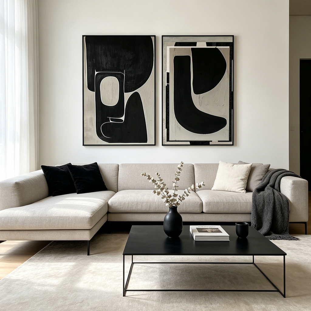 BLACK & BEIGE ABSTRACT DIPTYCH II: Textured Bold Black Shapes Canvas Set Of 2