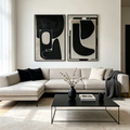 BLACK & BEIGE ABSTRACT DIPTYCH II: Textured Bold Black Shapes Canvas Set Of 2
