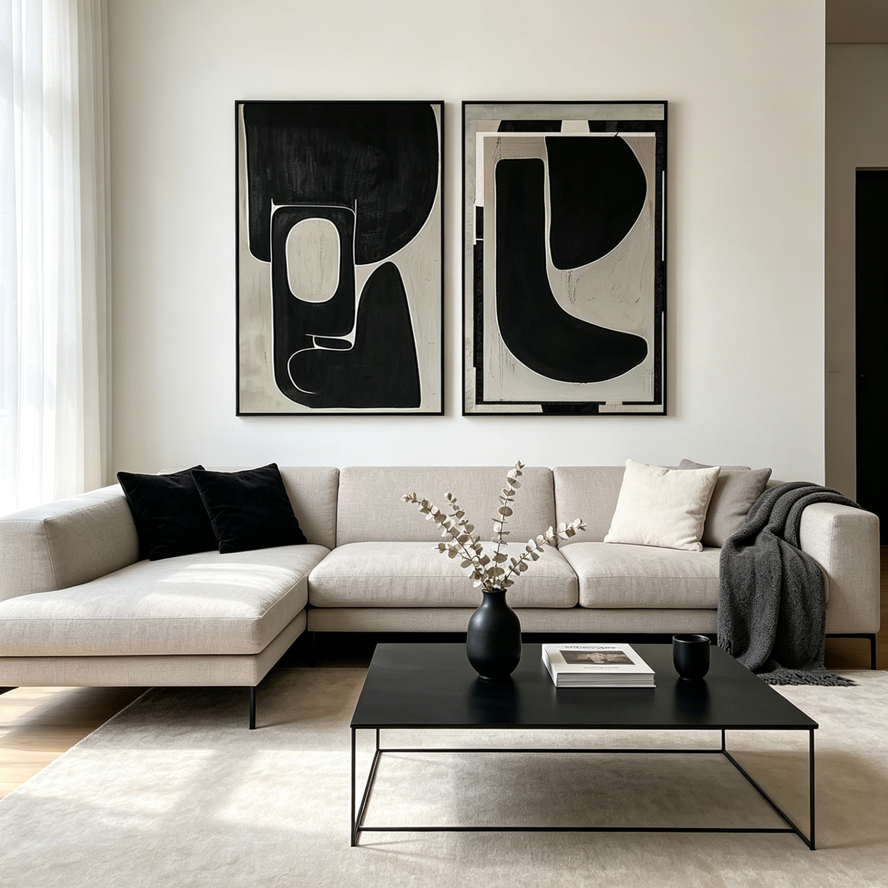 BLACK & BEIGE ABSTRACT DIPTYCH II: Textured Bold Black Shapes Canvas Set Of 2