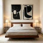 BLACK & BEIGE ABSTRACT DIPTYCH II: Textured Bold Black Shapes Canvas Set Of 2