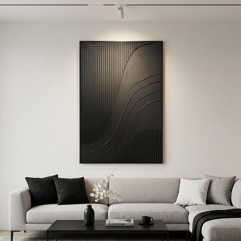 BLACK TEXTURED CURVES: Pure Black Flowing Curves Statement Canvas