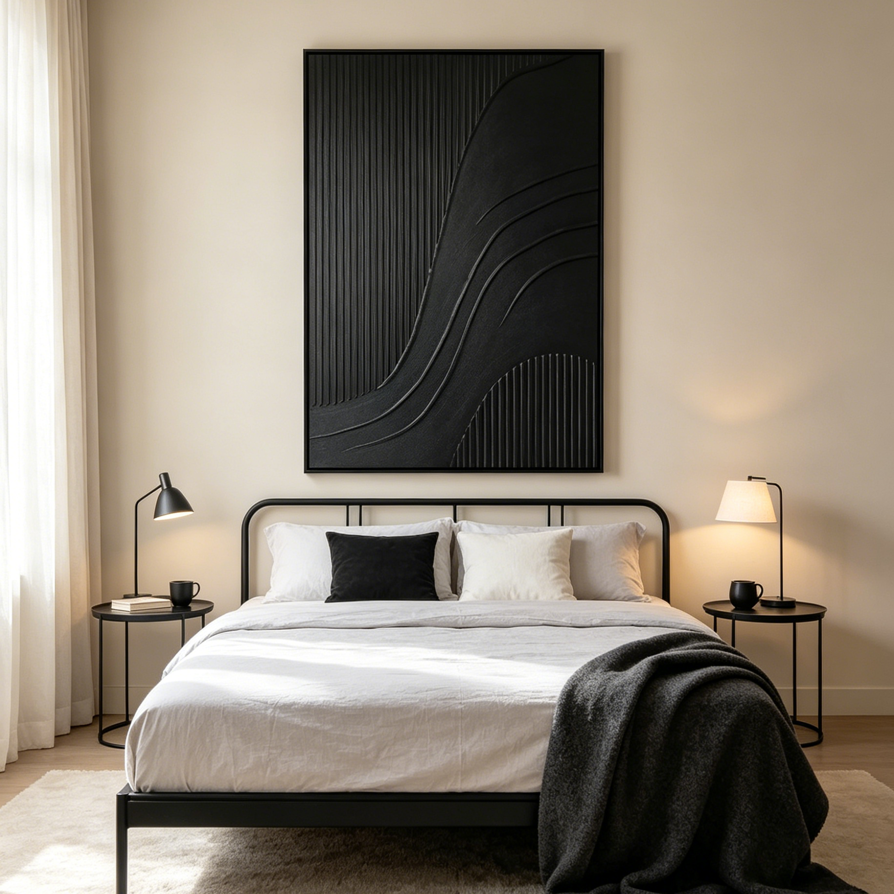 BLACK TEXTURED CURVES: Pure Black Flowing Curves Statement Canvas