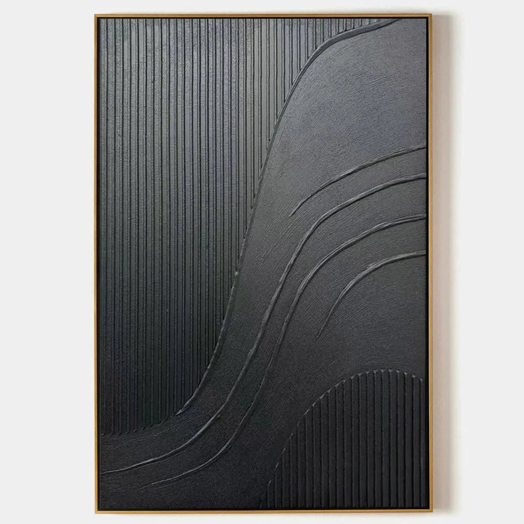 Black Textured Curves Minimalist Abstract Painting by Javier Ramirez, modern wall art with texture and depth