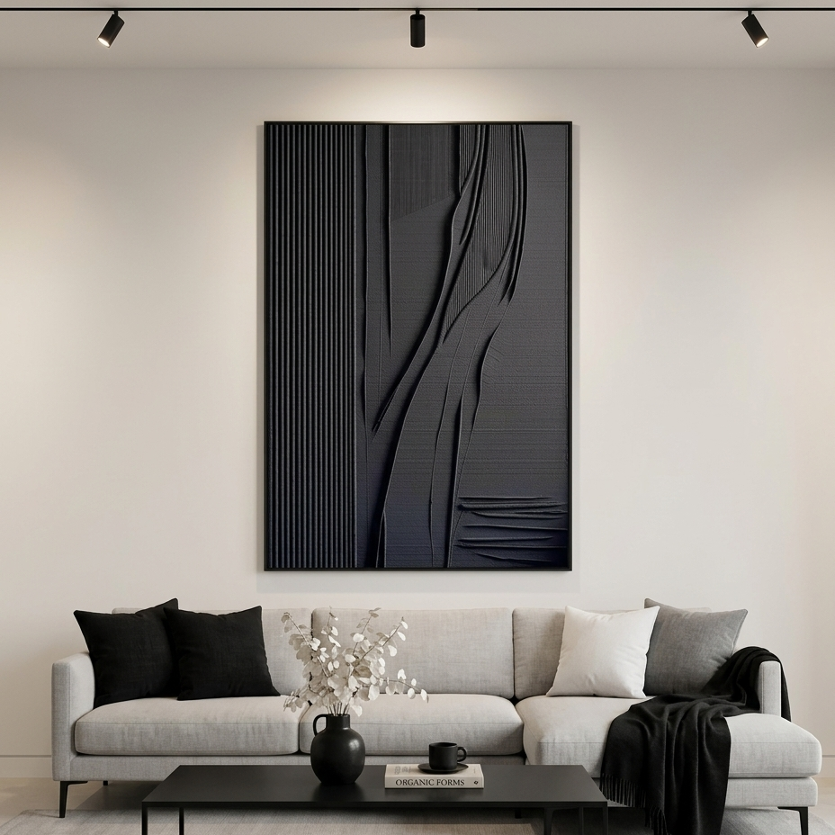 BLACK TEXTURED LINES AND CURVES: Structured Lines Fluid Curves Black Canvas