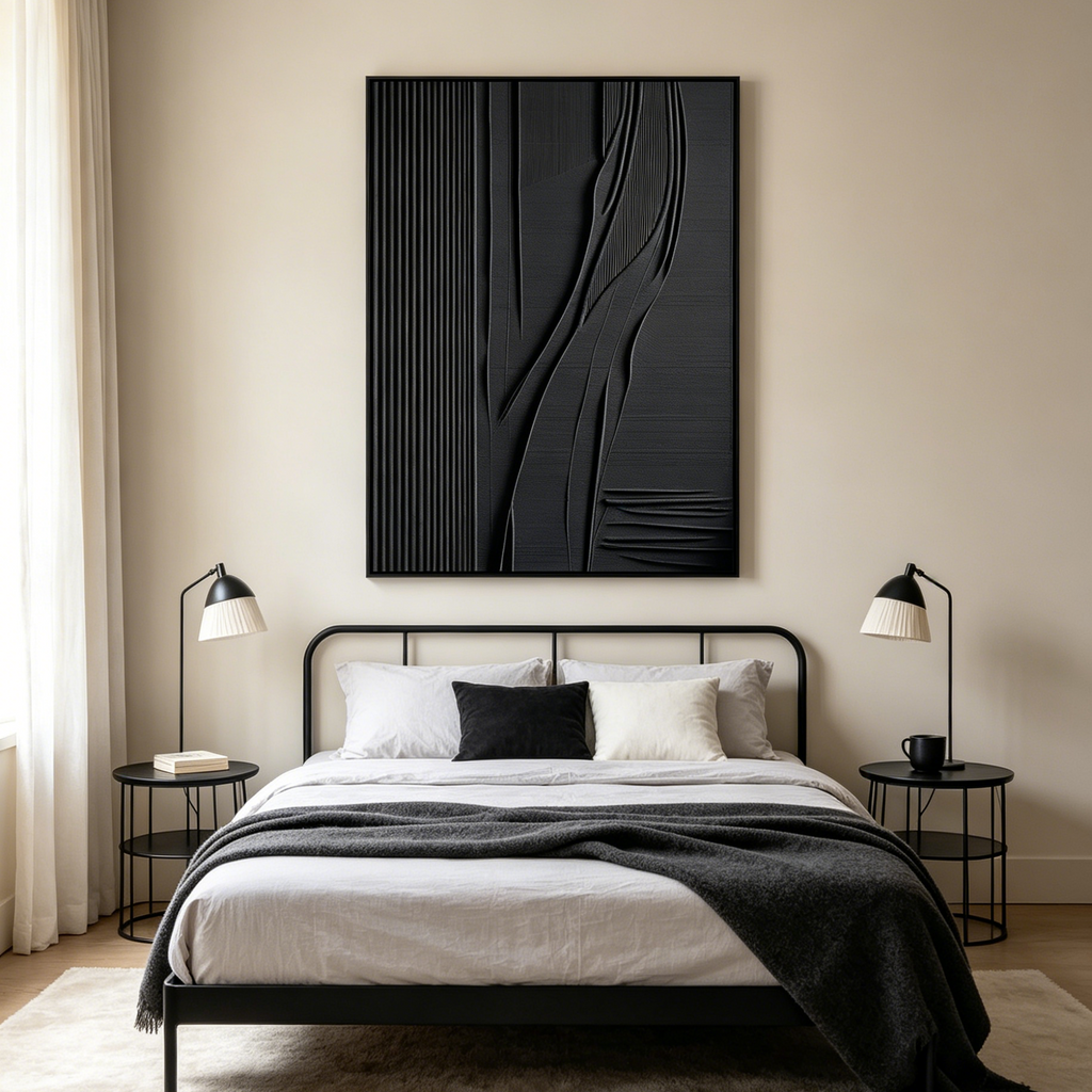 BLACK TEXTURED LINES AND CURVES: Structured Lines Fluid Curves Black Canvas