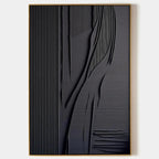 Black Textured Lines and Curves Minimalist Abstract Painting by Javier Ramirez, framed in gold, modern wall art