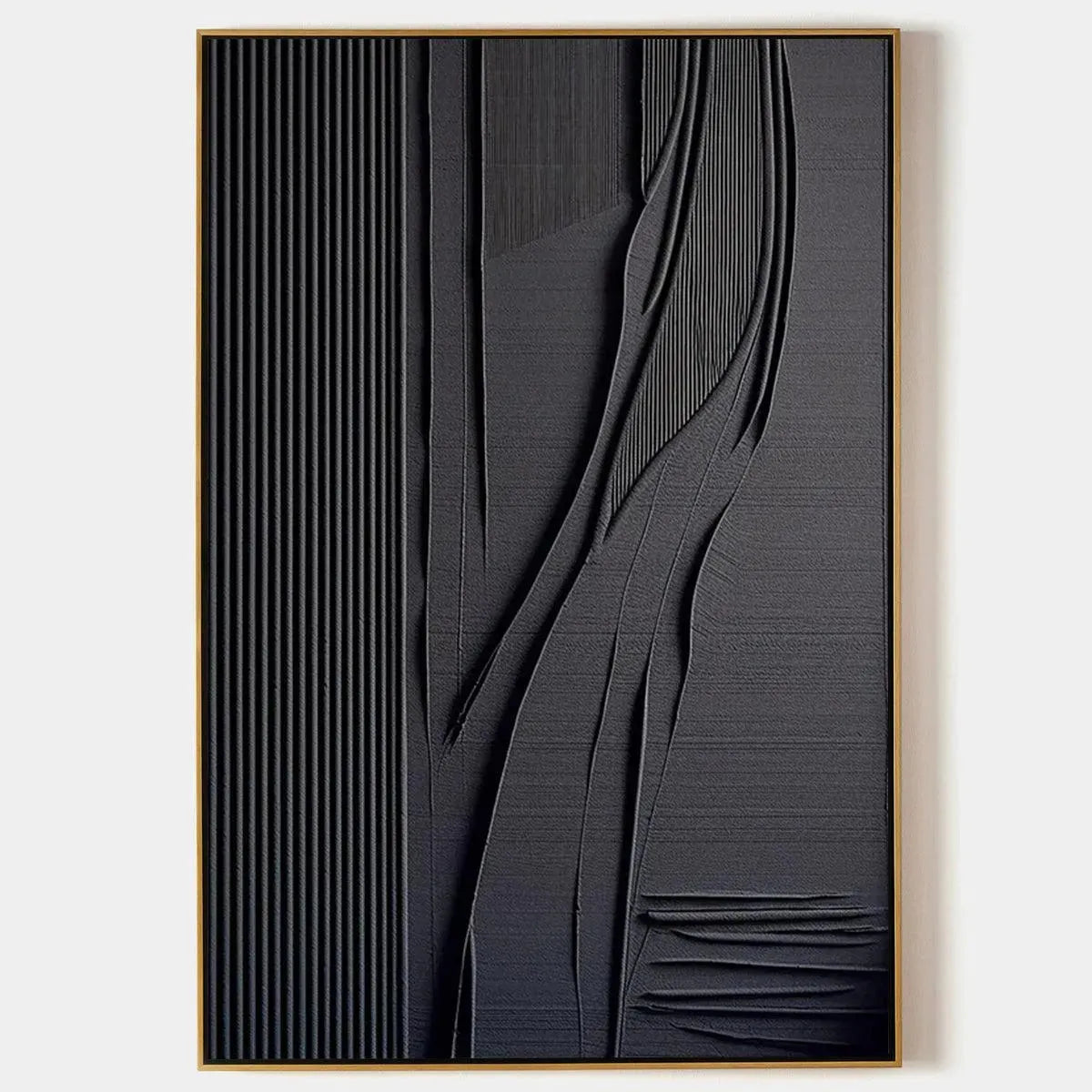 Black Textured Lines and Curves Minimalist Abstract Painting by Javier Ramirez, framed in gold, modern wall art