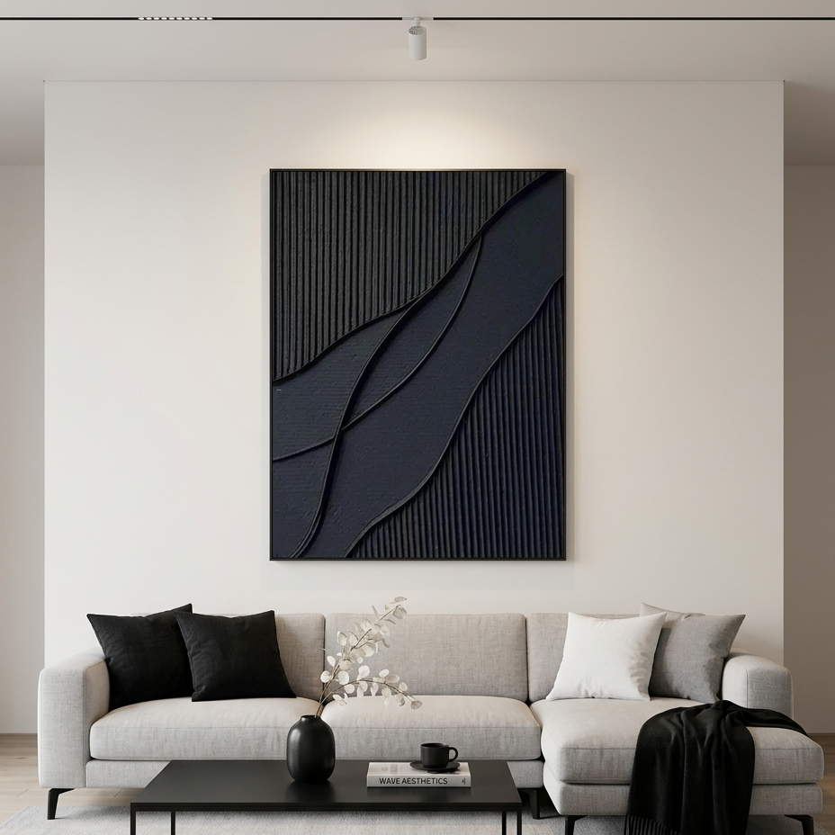 BLACK TEXTURED WAVES: Wave Like Forms Dynamic Textured Minimalist Wall Art