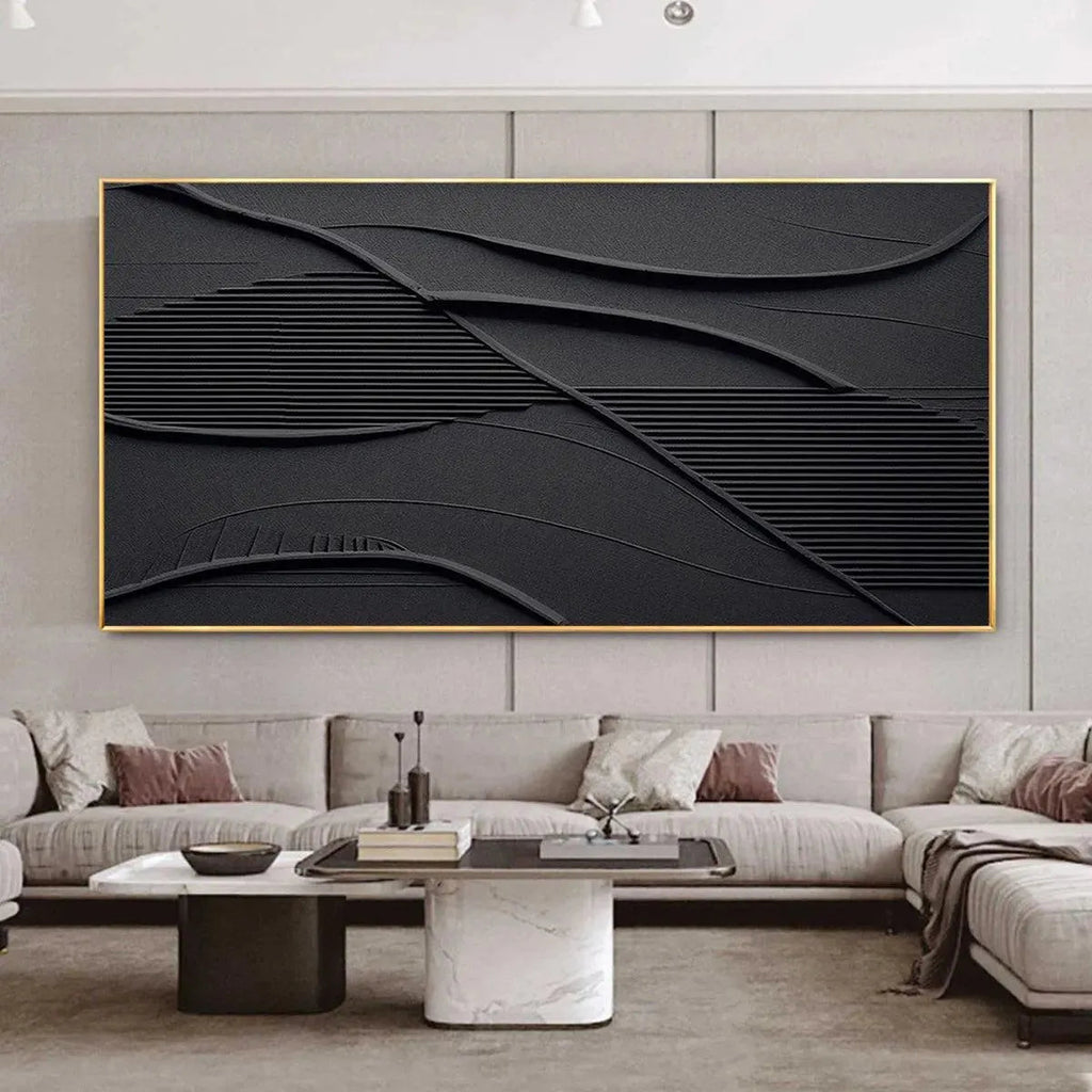 Black Textured Waves painting by Javier Ramirez, minimalist modern art, perfect for living room, office or bedroom decor