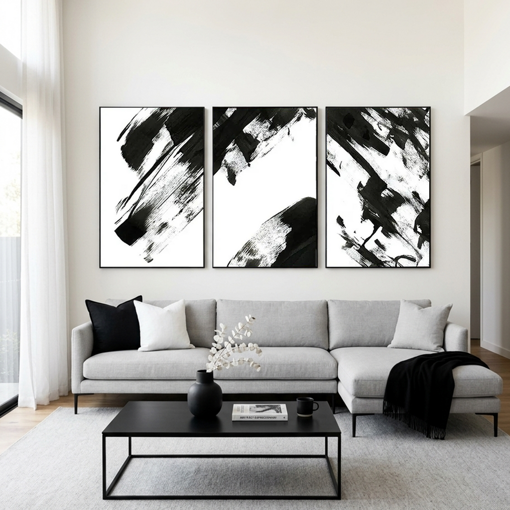 BLACK & WHITE ABSTRACT TRIPTYCH: Bold Black Brushstrokes On White Canvas Set Of 3