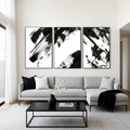BLACK & WHITE ABSTRACT TRIPTYCH: Bold Black Brushstrokes On White Canvas Set Of 3
