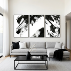 BLACK & WHITE ABSTRACT TRIPTYCH: Bold Black Brushstrokes On White Canvas Set Of 3
