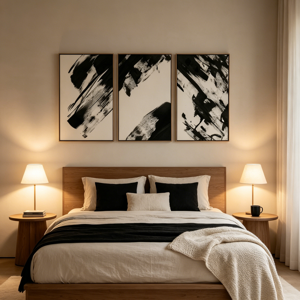 BLACK & WHITE ABSTRACT TRIPTYCH: Bold Black Brushstrokes On White Canvas Set Of 3
