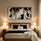 BLACK & WHITE ABSTRACT TRIPTYCH: Bold Black Brushstrokes On White Canvas Set Of 3