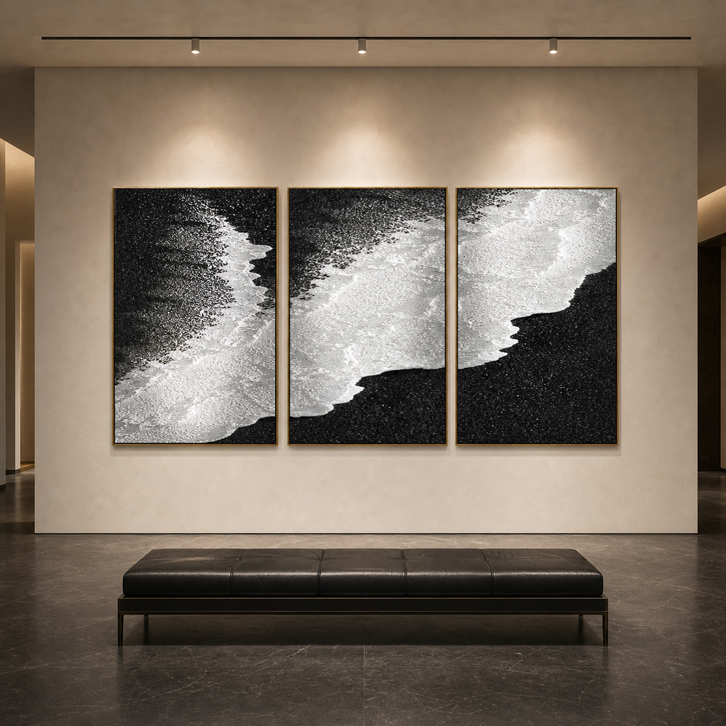 BLACK & WHITE OCEAN TRIPTYCH: Monochrome Waves Shoreline Canvas Set Of 3