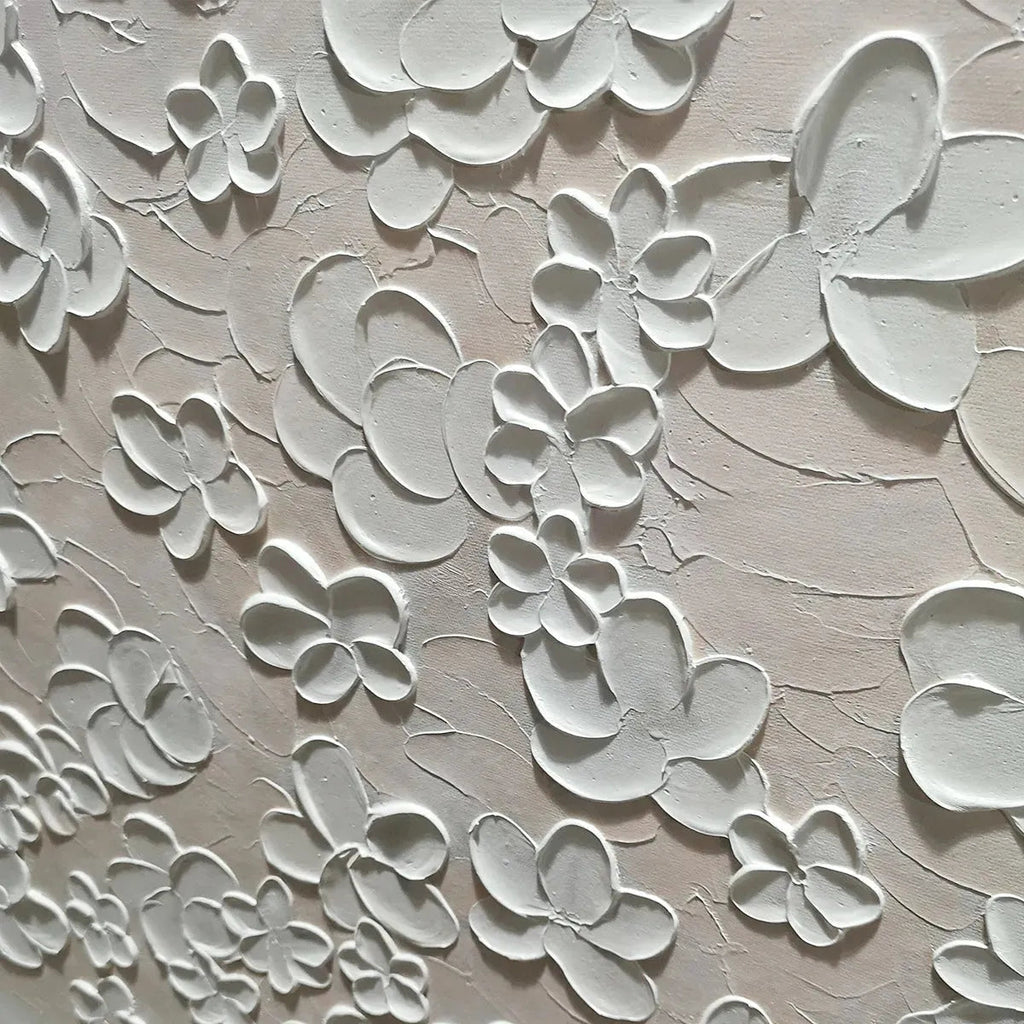 Textured White Floral Painting, Horizontal Canvas, Minimalist Wall Art