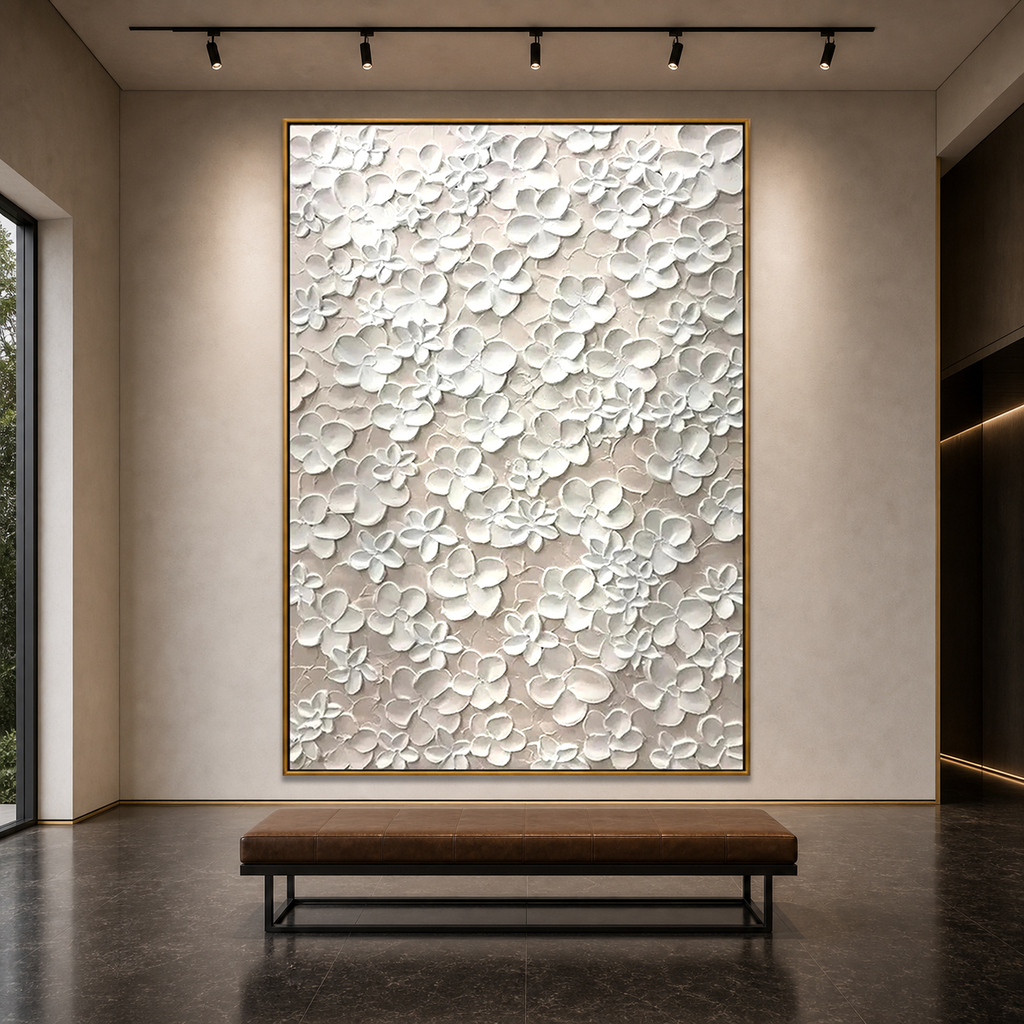 BLANC BLOOM: White Impasto Flowers Minimalist Canvas