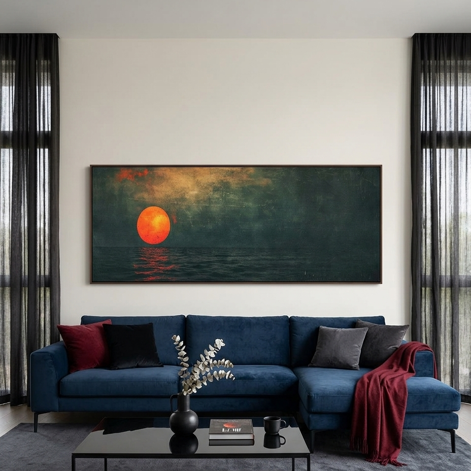 BLOOD MOON PANORAMIC: Red Moon Rising Over Dark Ocean Vintage Canvas