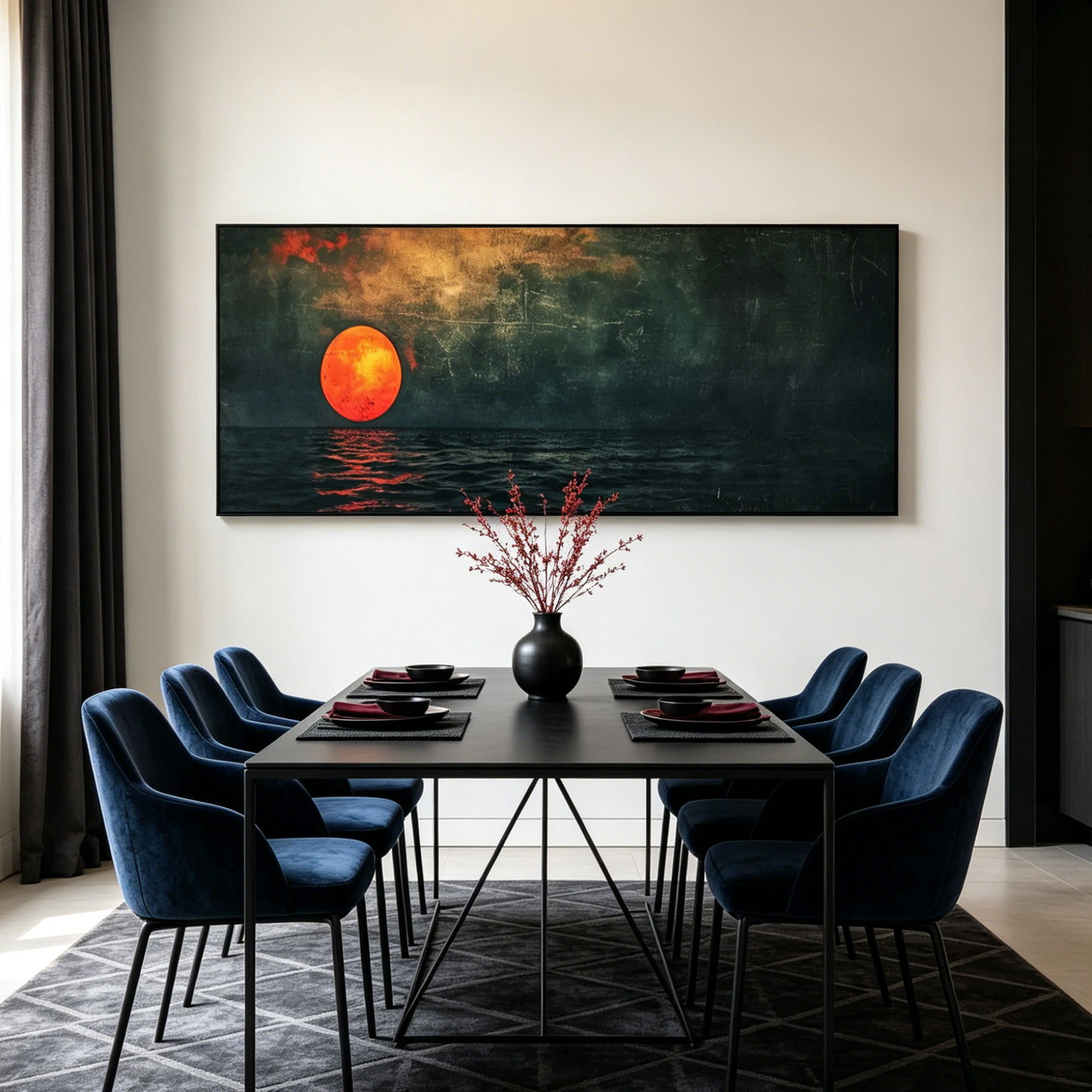 BLOOD MOON PANORAMIC: Red Moon Rising Over Dark Ocean Vintage Canvas