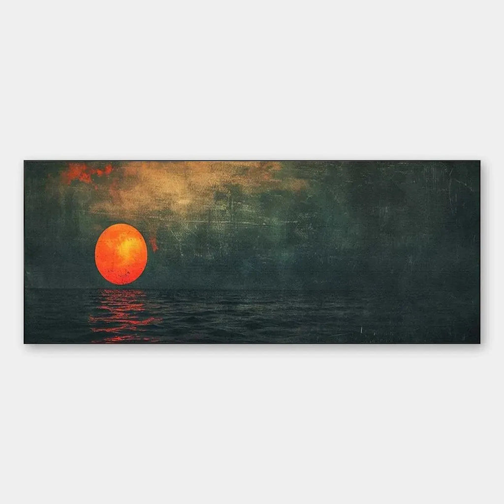 Blood Moon Panoramic sunset painting with textured ocean and vintage feel, perfect for wall art.