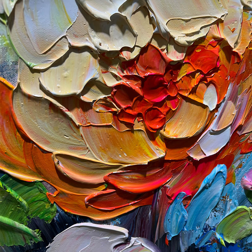 BLOOMING RHAPSODY: Impasto Colorful Flowers Bouquet On Vibrant Canvas