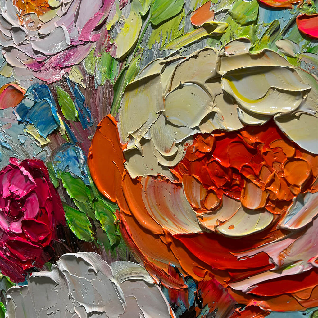BLOOMING RHAPSODY: Impasto Colorful Flowers Bouquet On Vibrant Canvas