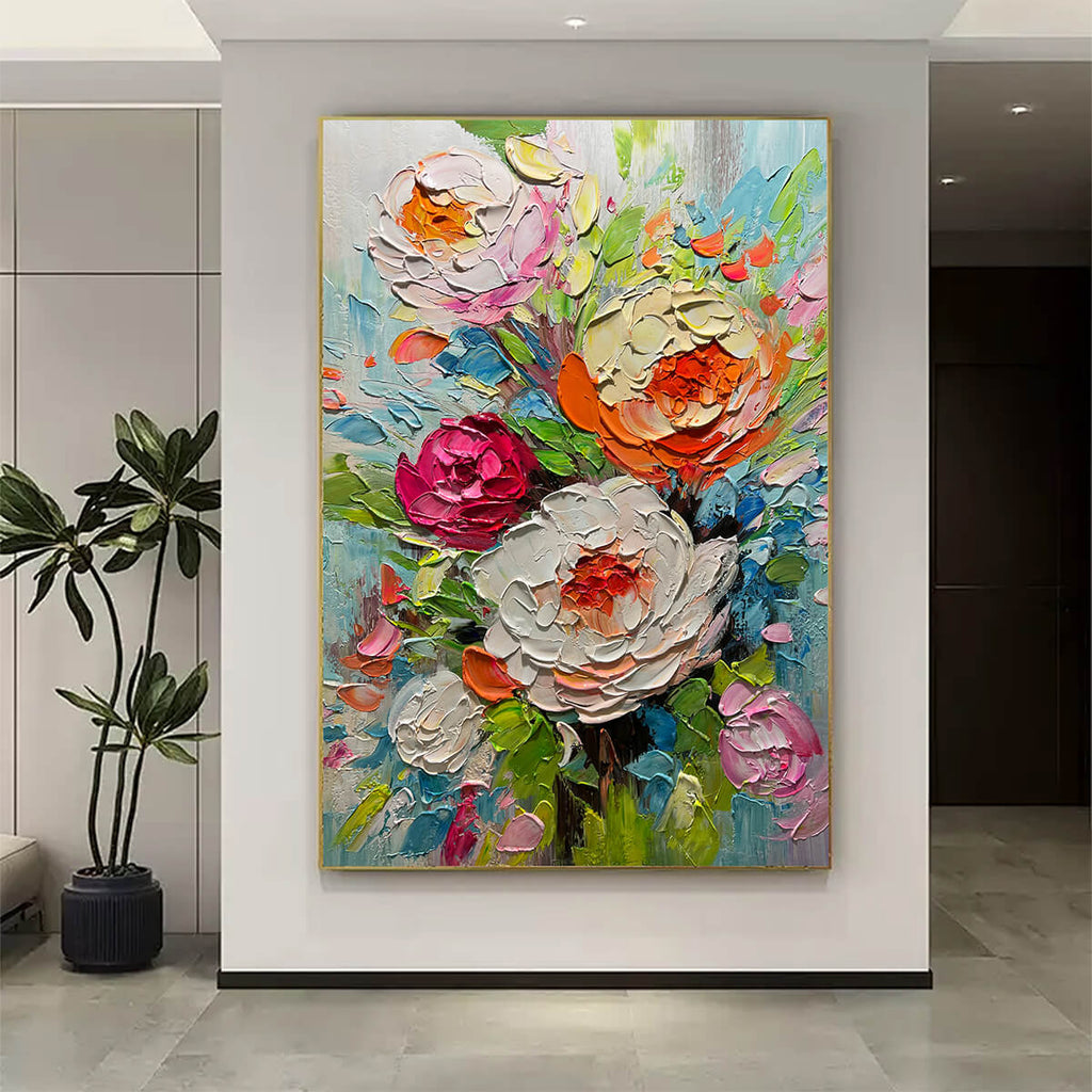 BLOOMING RHAPSODY: Impasto Colorful Flowers Bouquet On Vibrant Canvas