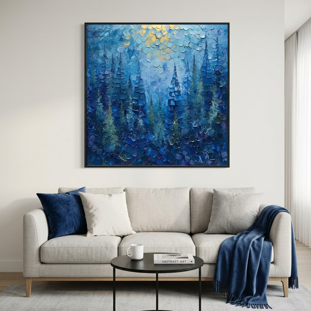BLUE FOREST: Blue Layered Trees Thick Impasto Canvas