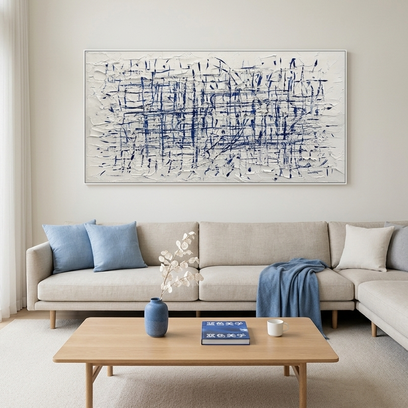 BLUE GRID: Textured Blue Lines Horizontal Grid Canvas