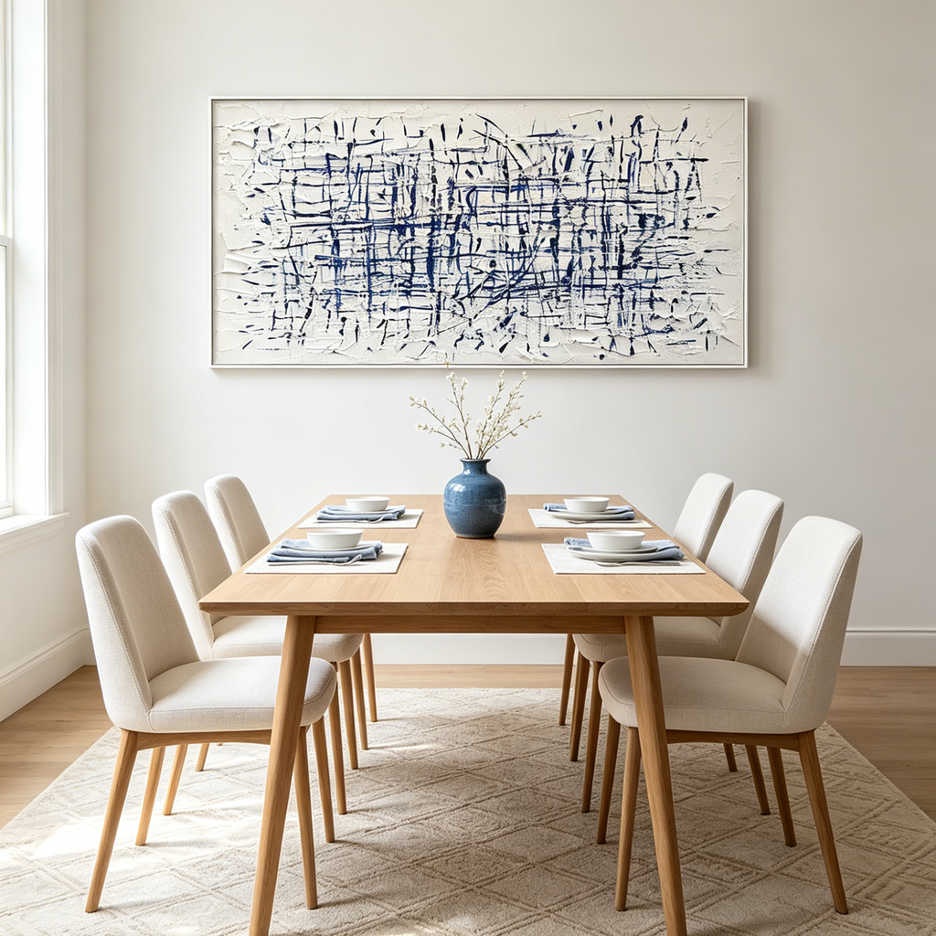 BLUE GRID: Textured Blue Lines Horizontal Grid Canvas
