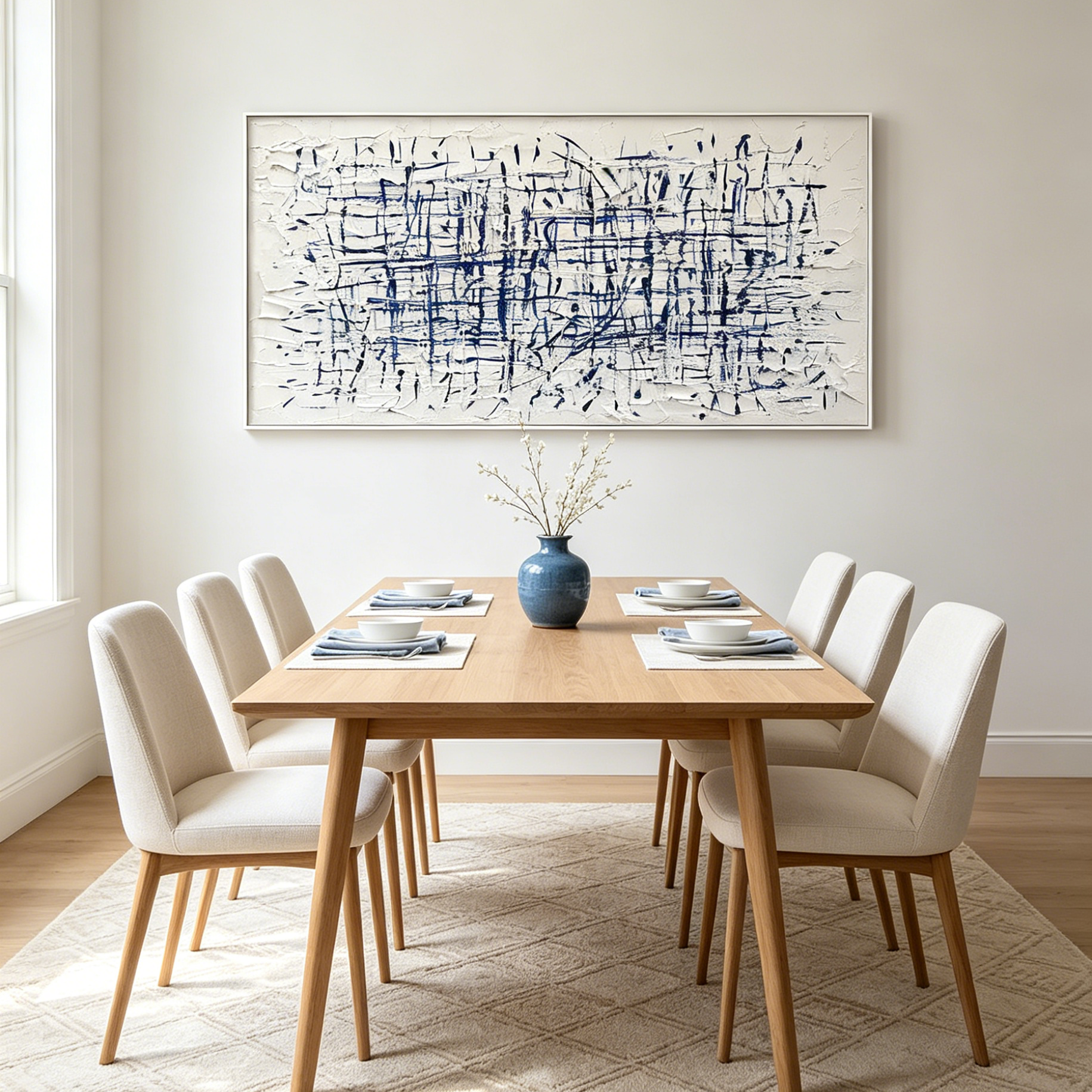 BLUE GRID: Textured Blue Lines Horizontal Grid Canvas