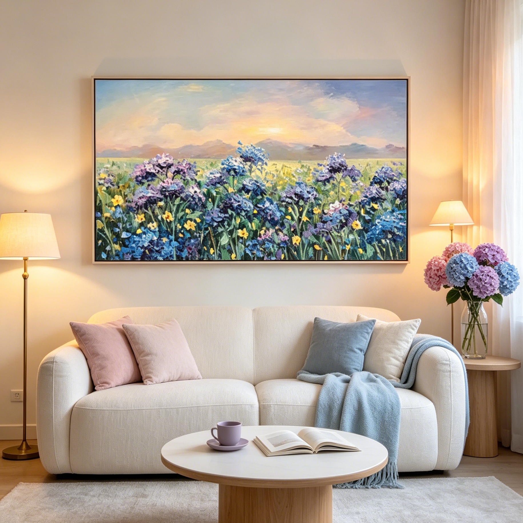 BLUE RIDGE DAWN: Panoramic Hydrangea Field Sunrise Soft Pastel Canvas