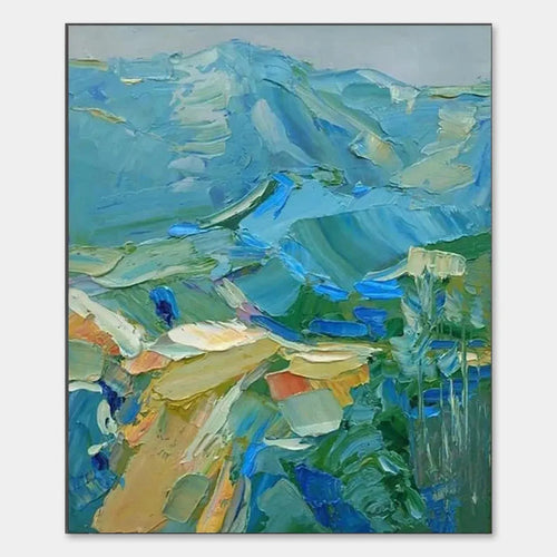 Textured impasto painting of Blue Ridge Mountains in blues and greens by Isabella Rossi. Original artwork.