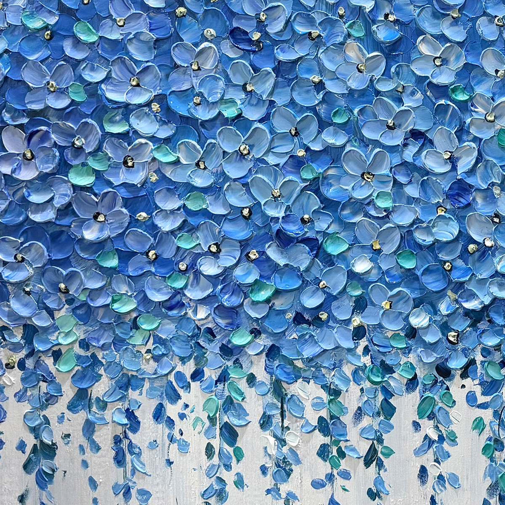 Blue Wisteria textured impasto painting by Elodie Dubois, featuring cascading blue floral blossoms in a black frame.