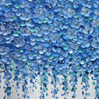Blue Wisteria textured impasto painting by Elodie Dubois, featuring cascading blue floral blossoms in a black frame.